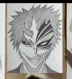 three different pictures of anime characters with their faces drawn in pencil and colored pencils