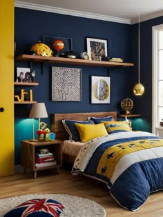 a bedroom with blue walls and yellow accents