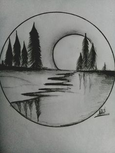 a drawing of trees and water in a circle with the moon rising over it's horizon