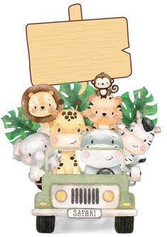 a safari animal car with a sign above it