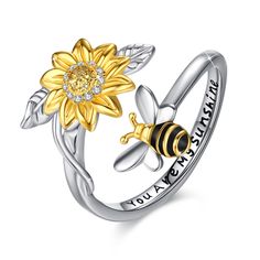 PRICES MAY VARY. 💫【 The Meaning of Bee "You Are My Sunshine"】: Bees symbolize love, loyalty, and energy. This ring serves as a reminder of the warm and vibrant love shared with someone special. Gift it to your loved ones and let them know they are your sunshine. 🌟【Materials】: Made with high-quality 925 sterling silver, this ring shines brilliantly and is built to last. The bee and sunflower design adds a touch of elegance to any outfit, and the intricate detailing showcases the craftsmanship. Sunflower Jewelry Rings, Adjustable Sunflower Design Flower Ring Gift, Adjustable Yellow Flower Ring For Gift, Sunflower Wedding Ring, Christmas Presents For Women, Rings Flower, Sunflower Ring, Sunflower Jewelry, Presents For Women