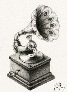 a drawing of an old record player with a bird on it's turntable