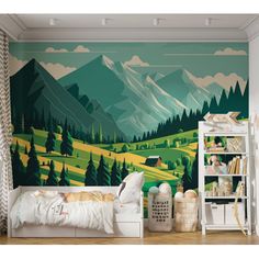 a child's room with a mountain mural on the wall and bed in front