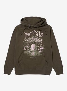 a hooded sweatshirt with the words portals printed on it and trees in the background