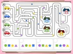 a maze game with cars and houses for children to find the right way from the house