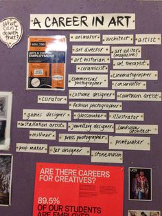 a bulletin board with some writing on it and pictures pinned to the wall behind it