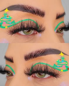 Christmas eyeshadow look: christmas tree Fun Christmas Makeup Looks, Easy Christmas Makeup Ideas, Creative Christmas Makeup Ideas, Creative Christmas Makeup Looks, Thanksgiving Eye Makeup, Gingerbread Makeup