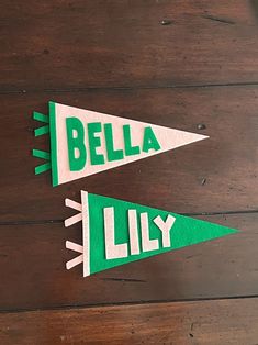 two green and white paper pennants with the words bella lily on them sitting on a wooden surface