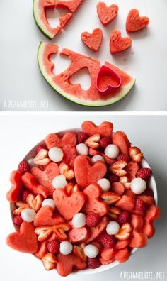 watermelon hearts and marshmallows in a bowl for valentine's day