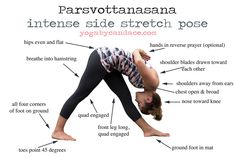 a woman doing yoga poses with the words parrsvotanana written below her