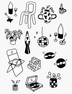 black and white drawing of various objects in the shape of an object, including a chair