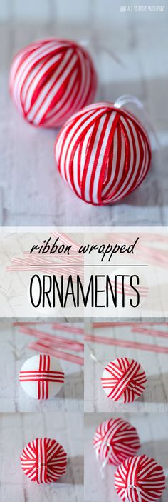 red and white striped eggs with text overlay that reads ribbon wrapped ornament's