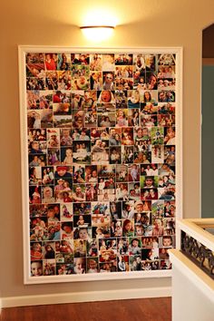 a wall with many pictures on it in a kitchen next to a stove top oven