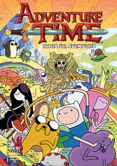 adventure time poster with cartoon characters in the background