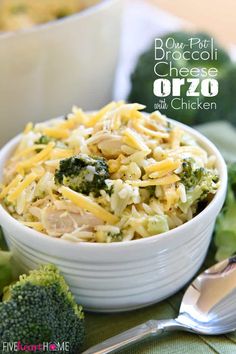 broccoli cheese orzo with chicken in a white bowl