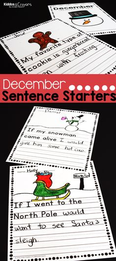 christmas themed writing paper with the words december and sentence starter on it in red, white and green