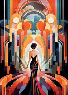 a woman standing in front of an art deco poster