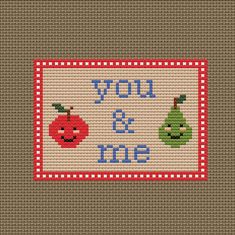 a cross stitch pattern with two apples and an apple on the side, that says joy & m