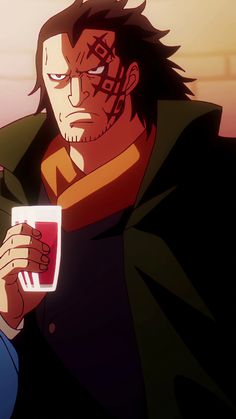 an anime character holding a cup in his hand