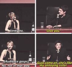 two people sitting at a table with microphones in front of them and the words love you