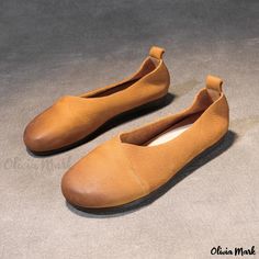 Olivia Mark - Handcrafted Vintage Soft Leather Granny Flat Shoes in Literary Style Casual Orange Leather Shoes, Brown Closed Toe Casual Flats, Casual Brown Closed Toe Flats, Comfortable Brown Almond Toe Flats, Casual Brown Flats With Leather Sole, Casual Brown Flats With Textured Sole, Casual Yellow Flats For Fall, Yellow Leather Round Toe Shoes, Brown Comfortable Flats With Removable Insole