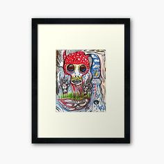 a drawing of a skull with a red hat on it's head framed art print