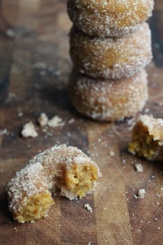 sugar covered donuts stacked on top of each other