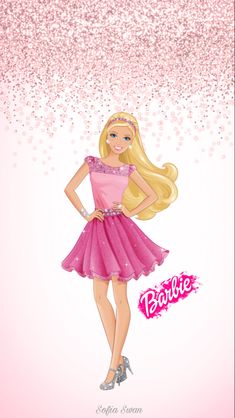 the barbie doll is wearing a pink dress and high heeled shoes with glitters on it