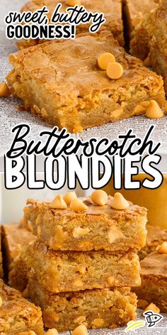 there are several pieces of bread with nuts on top and the words butterscotch blondies below it