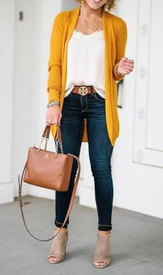 Yellow Cardigan, Outfit Jeans, Work Style, Trend Fashion, Casual Fall Outfits