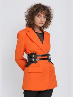 Front view of black leather wide belt being worn over orange blazer. Leather Corset Belt, Structured Dress, Corset Belt, Leather Corset, Underbust Corset, Wide Belt, Oversized Blazer, Italian Leather, Overalls