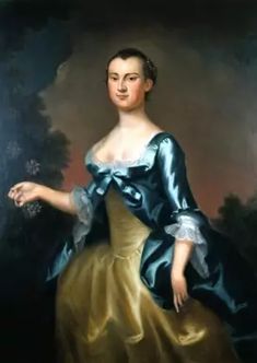 a painting of a woman in a blue and yellow dress with her hand out to the side