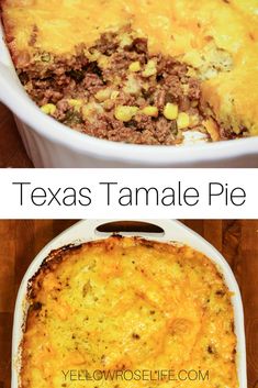 a casserole dish with corn and beef in it, next to the casserole