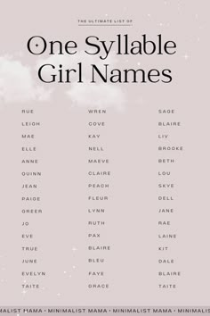 the ultimate list of one - syllable girl names on a pink background with clouds