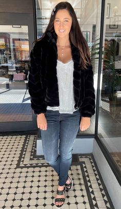 undefined Black Faux Fur Jacket, Fur Fashion, Faux Fur Jacket, Fur Jacket, High Neckline, Emboss, Faux Fur