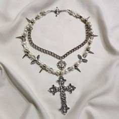 Pearl Cross Necklace, Alternative Jewelry, Punk Jewelry, Handmade Wire Jewelry