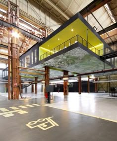 the inside of a large building with stairs