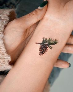 a pine cone tattoo on the left wrist