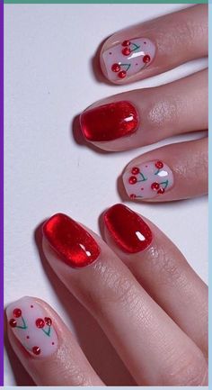 If you are doing something special for Valentine’s Day, why not decorate your nails with Valentine’s day nail art? Nail designs for Valentine’s Day usually include hearts or roses, and traditional Valentine’s Day colors, like pink, red and white. This post lists 30 ideas for Valentine’s Day Nails. Summer Nails Red, Fruity Nails, Strawberry Nails, Fruit Nail, Unghie Sfumate, Heart Nail Designs, Medium Nails, Nagellack Trends