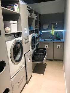 a washer and dryer sitting in a room next to each other on shelves