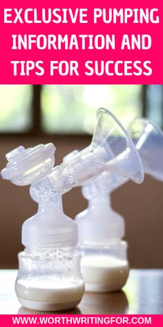 two baby bottles sitting on top of a table next to each other with the words exhaust pumping information and tips for success