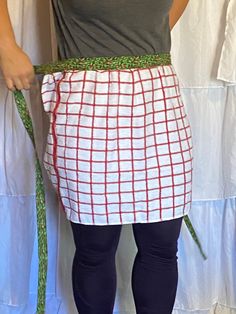 a woman is holding a green snake in her right hand and wearing a red checkered apron