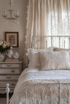 a white bed sitting under a window next to a dresser with flowers on top of it