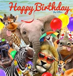 happy birthday card with animals and balloons