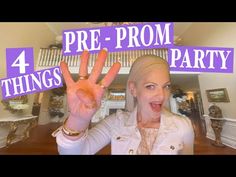 a woman holding up two fingers in front of her face and the words pre - prom party