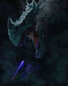 a dragon with its mouth open and a light saber in it's mouth, on a dark background