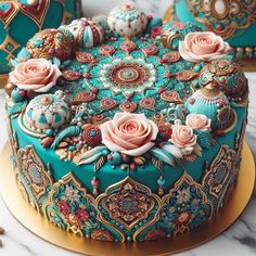 there is a cake decorated with flowers on the top and gold trimming around it