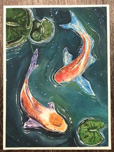 a painting of two koi fish swimming in the water with lily pads around them