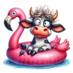 a cartoon cow sitting on top of an inflatable flamingo