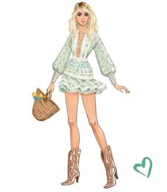 a drawing of a woman in a short dress and cowboy boots holding a purse with her right hand